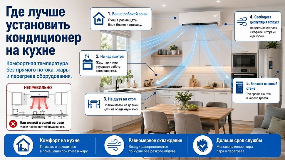 Где лучше установить кондиционер на кухне