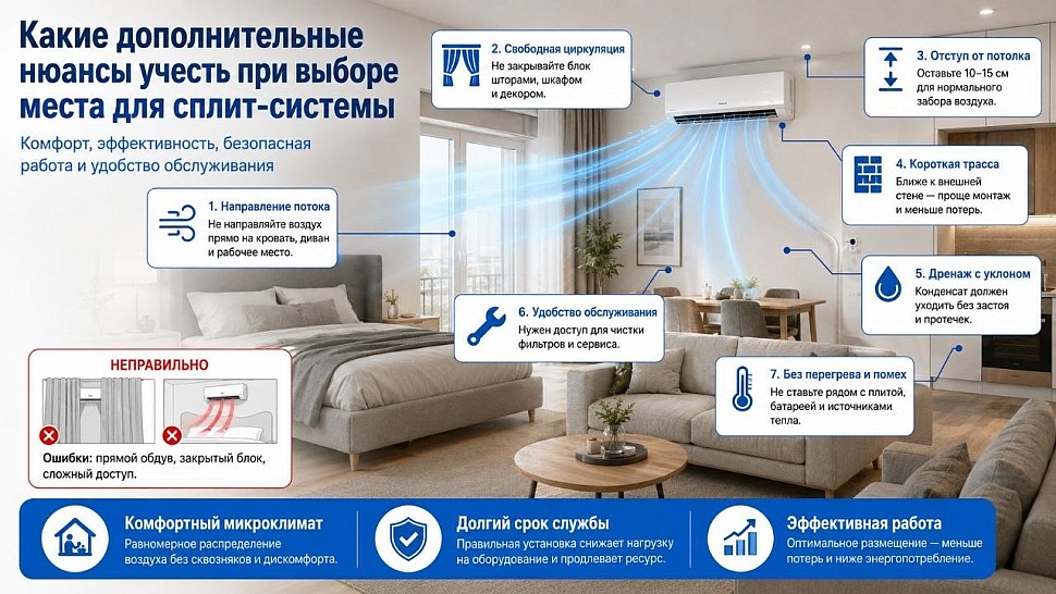 Какие дополнительные нюансы необходимо учесть при подборе места для расположения сплит-системы