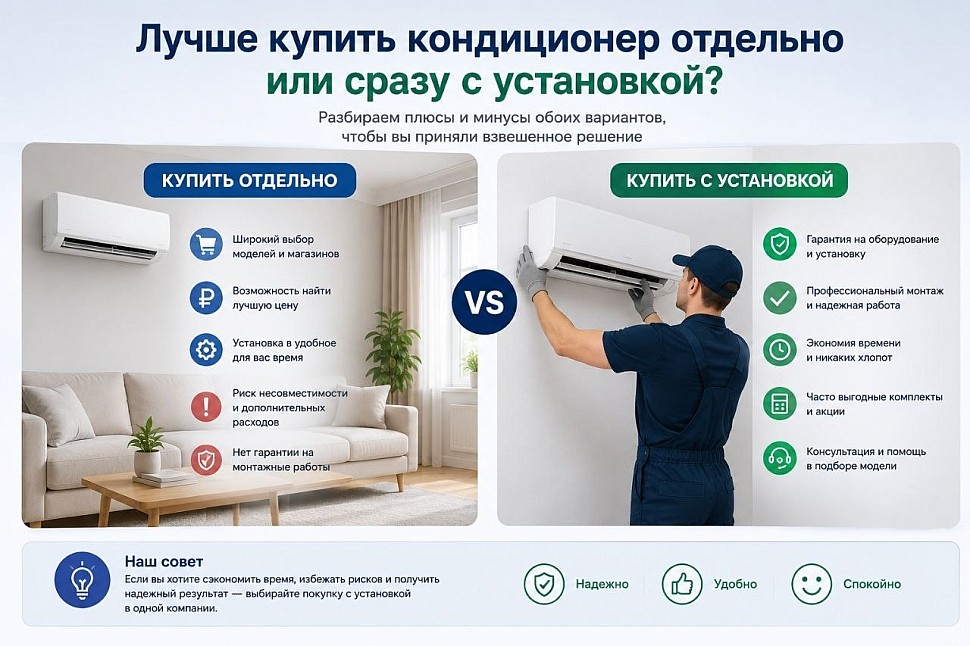 Лучше купить кондиционер отдельно или сразу с установкой? Лучше купить кондиционер отдельно или сразу с установкой?